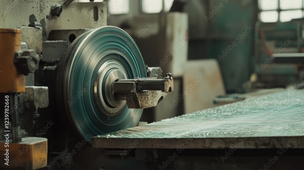 Industrial Precision: Rotating Cutting Tool on Glass Industrial Precision: Rotating Cutting Tool on Glass
