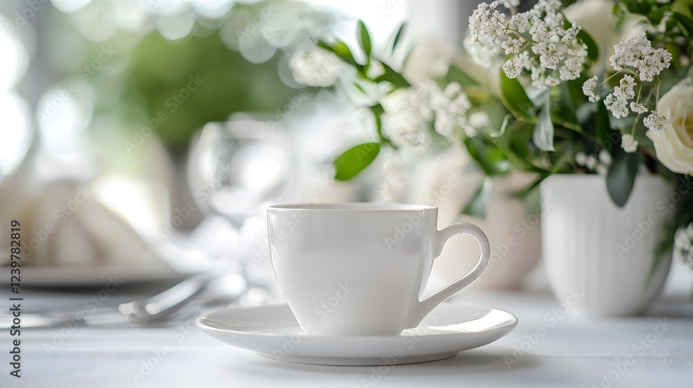 Elegant white coffee cup mockup at a wedding reception stock photo Elegant white coffee cup mockup at a wedding reception stock photo