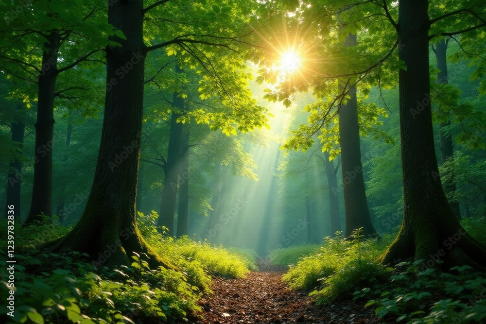 Obraz premium Sunlight filtering through the leafy canopy above a forest glade, forest ecosystem, deciduous