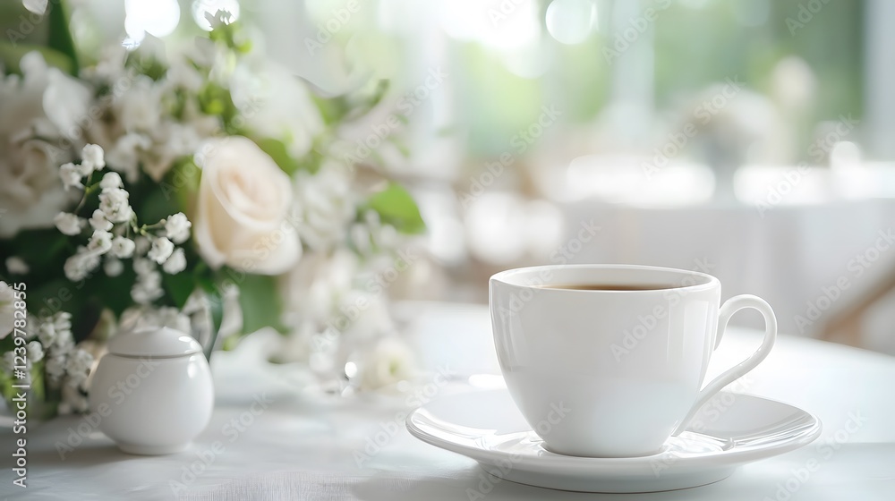 Elegant wedding coffee cup mockup in floral setting stock photo Elegant wedding coffee cup mockup in floral setting stock photo