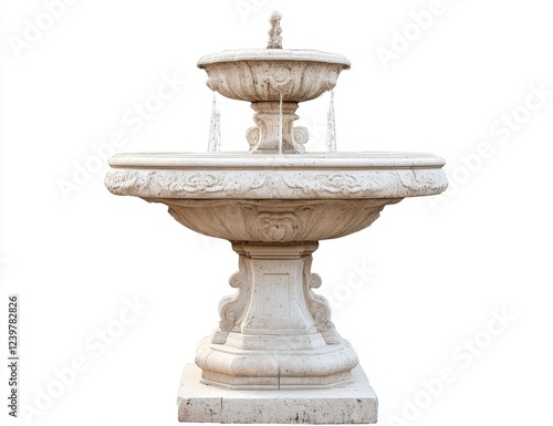 Elegant two-tiered stone fountain with ornate details, isolated on white. photo