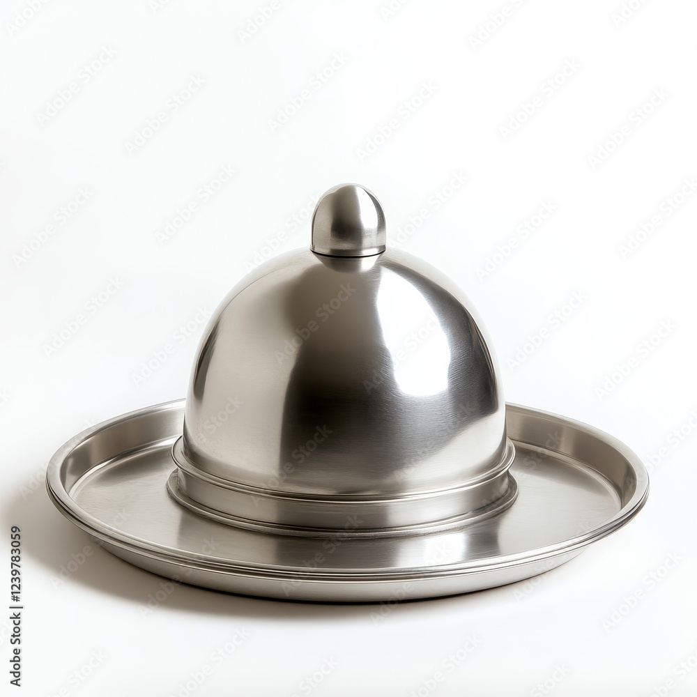 Polished stainless steel cloche on a serving tray. Polished stainless steel cloche on a serving tray.