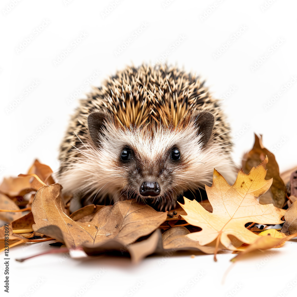 Fototapeta premium hedgehog nestled among autumn leaves, showcasing its unique features and textures