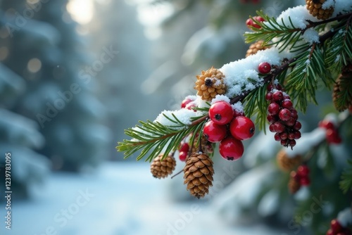 A branch laden with colorful berries and golden pinecones under a snow-laden tree, woodland, garland photo