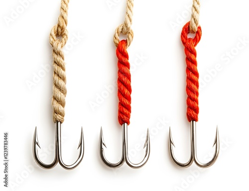 Three fishing hooks with different colored ropes attached photo