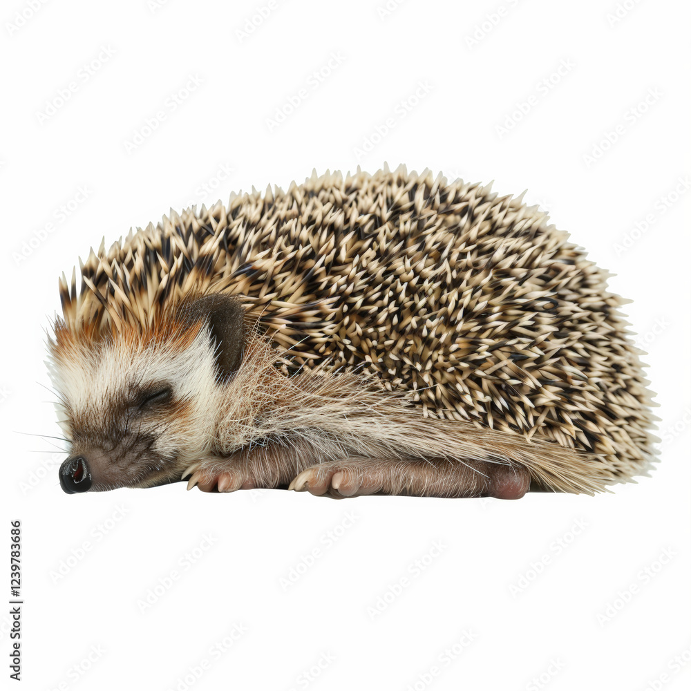 Sleeping hedgehog curled up peacefully on its side, showcasing its spines Sleeping hedgehog curled up peacefully on its side, showcasing its spines