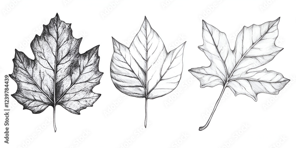 Obraz premium Trio of detailed leaf illustrations: Detailed illustration of three leaves with different shapes, evoking a sense of natural beauty and botanical study.