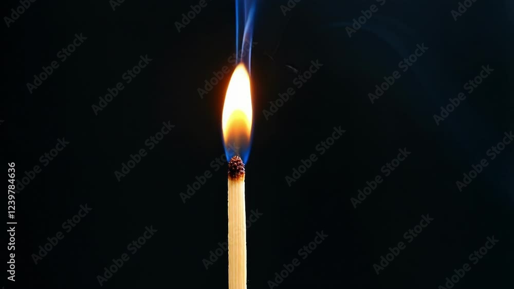 Wooden match burning intensely, generating bright flame and billowing smoke against stark black background, showcasing raw combustion process with dynamic light and heat Wooden match burning intensely, generating bright flame and billowing smoke against stark black background, showcasing raw combustion process with dynamic light and heat