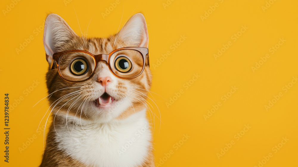 A cute ginger cat wearing glasses with a shocked and surprised expression against a vibrant yellow background. A cute ginger cat wearing glasses with a shocked and surprised expression against a vibrant yellow background.
