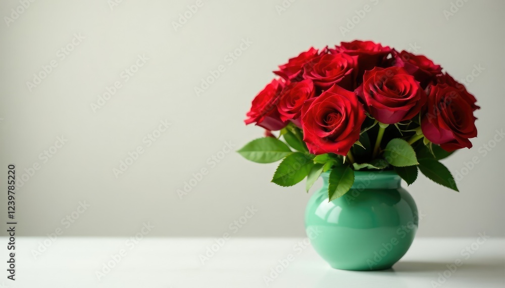 Fototapeta premium Floral arrangement with red roses in a green vase, gift, fresh