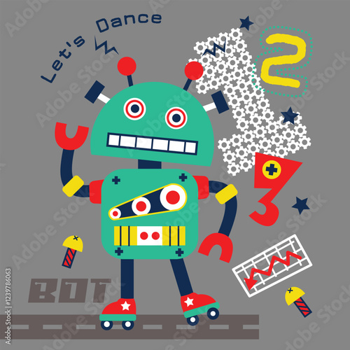 Cartoon robot with roller skates dancing among gears and numbers in a futuristic playful theme. Technology illustration concept
