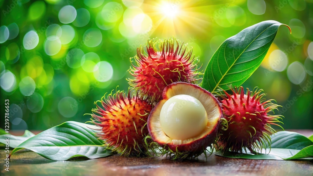 Exotic Thai rambutan: peel, seeds, leaves, a surreal photographic study on white. Exotic Thai rambutan: peel, seeds, leaves, a surreal photographic study on white.