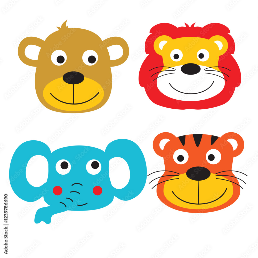 Adorable cartoon animal faces featuring bear, lion, tiger, and elephant on white background. Kids' design concept
Adorable cartoon animal faces featuring bear, lion, tiger, and elephant on white background. Kids' design concept