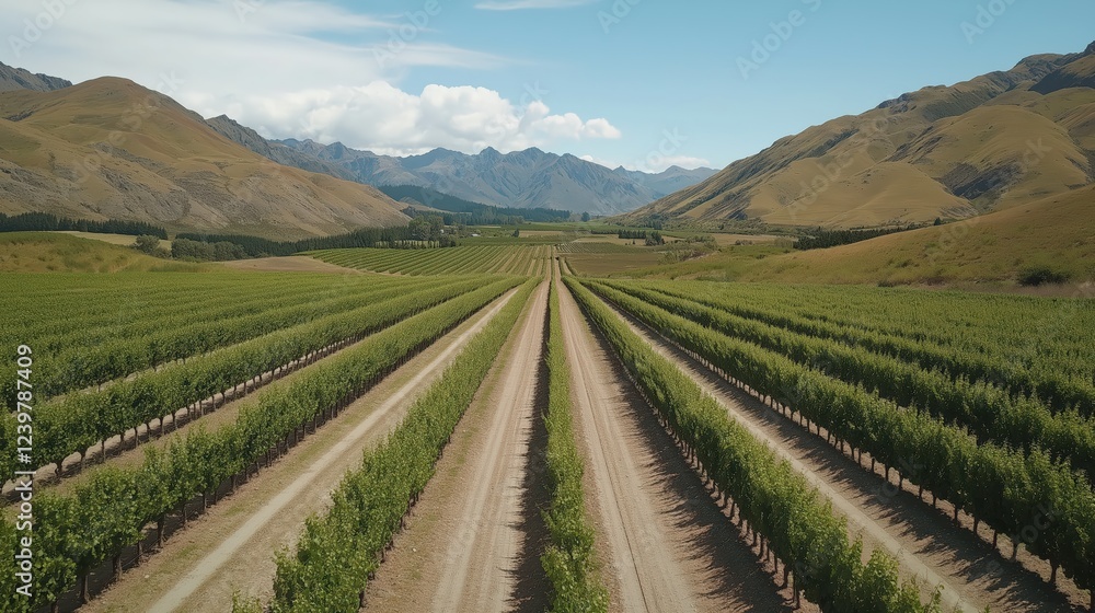 Aerial View of Vineyard Rows in Mountain Valley Under Sunny Sky