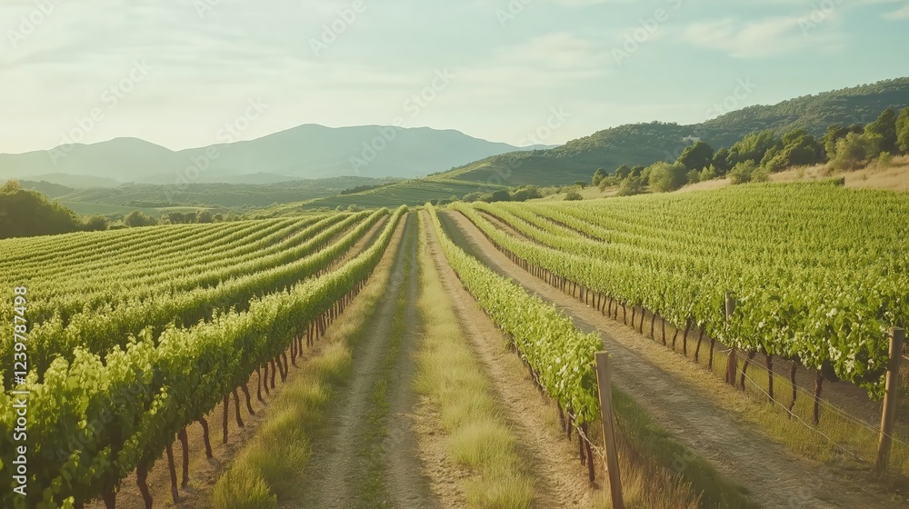Sunlit Vineyard Landscape With Lush Green Grapevines And Rolling Hills Sunlit Vineyard Landscape With Lush Green Grapevines And Rolling Hills
