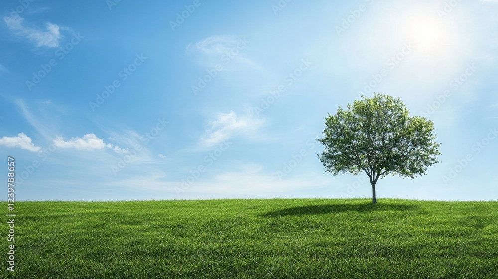Obraz premium Sole tree stands on lush green field under bright blue sky with scattered clouds during the day. Generative AI