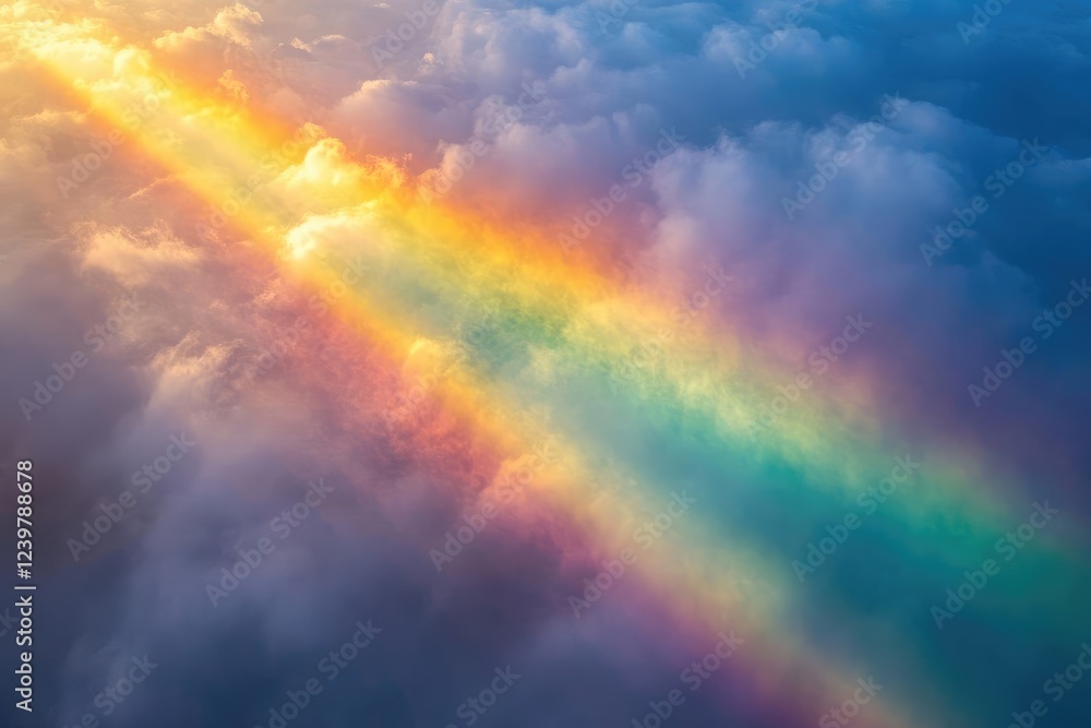 Fototapeta premium aerial rainbow prism refraction through morning mist and clouds