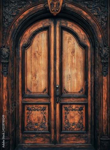 Ornate arched double wooden door with carvings.