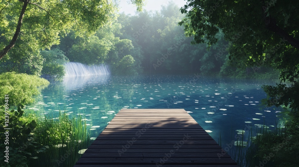 Naklejka premium Serene Nature Scene with Tranquil Water and Lush Greenery