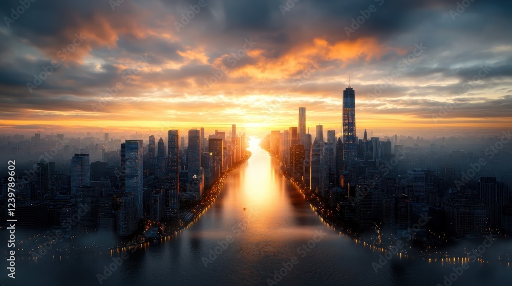 Fototapeta premium Dramatic and vibrant sunset skyline cityscape with skyscrapers reflected in a glowing river Moody urban architecture and transportation infrastructure over a colorful dusk sky