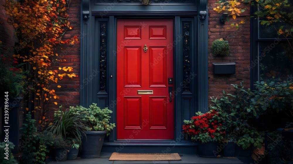 A red door with a black trim sits in front of a brick building A red door with a black trim sits in front of a brick building