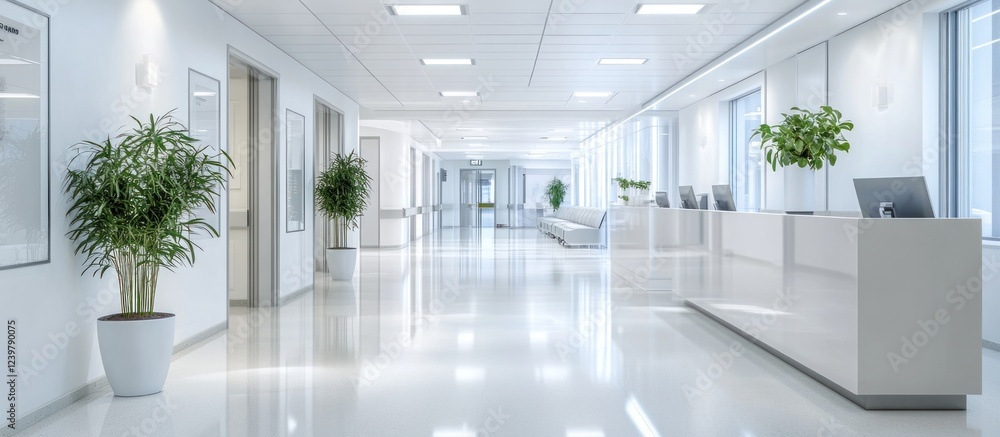 Fototapeta premium Modern Hospital Corridor: Clean, Bright, and Serene Healthcare Interior