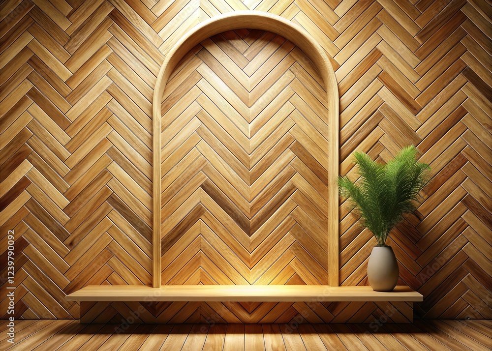 Herringbone wood & arched panel showcased in a minimalist, clean studio product shot. Herringbone wood & arched panel showcased in a minimalist, clean studio product shot.