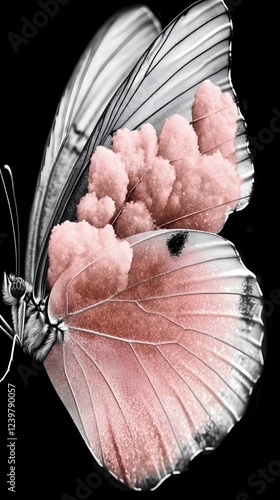 Colorful Butterfly on Black Background, Abstract Image, Texture, Pattern Background, Wallpaper, Cover and Screen for Smartphone, PC, Laptop, 9:16 and 16:9 Format