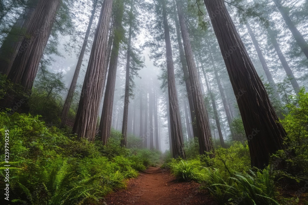 Fototapeta premium ancient mystical forest of towering redwoods in morning mist