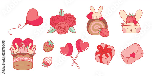 Elementos, frutas, morango, corações, dia dos namorados, flores, valentine's, pirulitos, apaixonado, corações