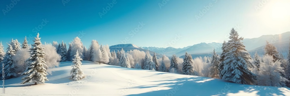 Obraz premium Snow-covered trees stand tall against the backdrop of a bright blue sky in a picturesque winter mountain landscape, trees, scenic, sunny