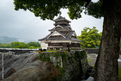 An ancient Japanese castle majestically overlooks a tranquil landscape, its aged wooden structure a stunning sight.