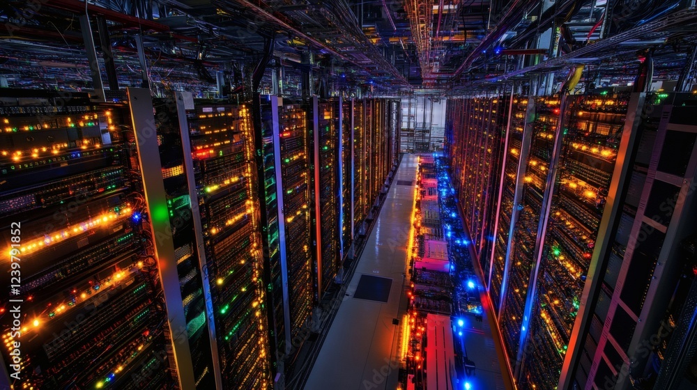 Fototapeta premium Colorful Server Room with Bright Lights and Computer Equipment