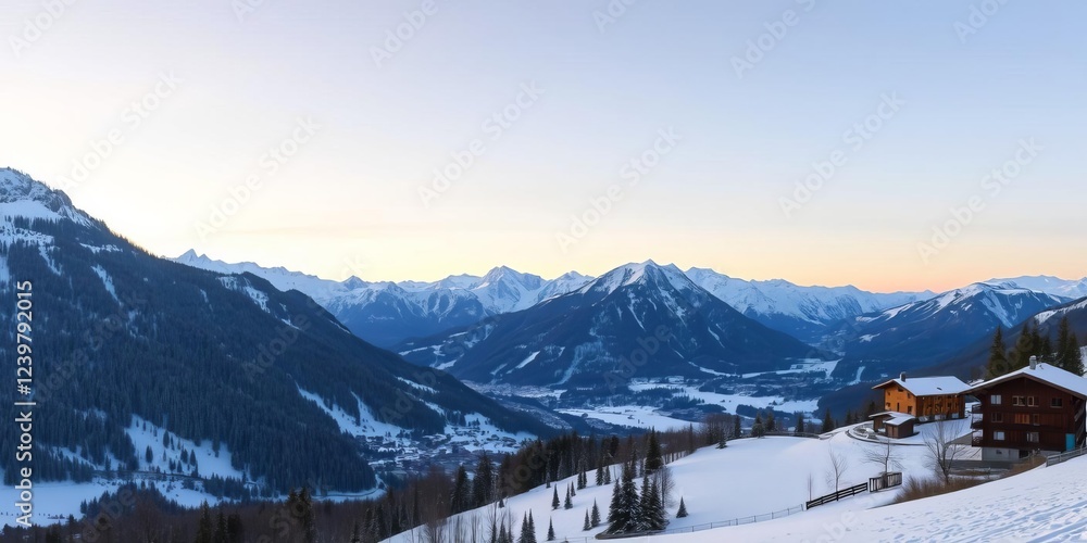 Fototapeta premium Snowy mountains reflecting the golden hues of the setting sun in the picturesque ski resort of Solden, Austria, holiday, evening, alpine