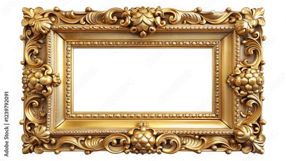 Intricate gold detailing adorns an empty picture frame, photographed with long exposure against a clean white background. Intricate gold detailing adorns an empty picture frame, photographed with long exposure against a clean white background.
