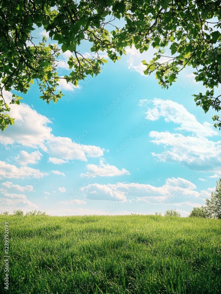 Fototapeta premium Lush green meadow under vibrant blue sky filled with fluffy white clouds on a sunny day. Generative AI