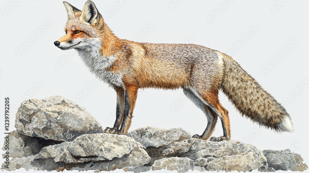 Red Fox Standing Alertly on Rocky Terrain Illustration Animal Art Wildlife Mammal Nature Scene. Red Fox Standing Alertly on Rocky Terrain Illustration Animal Art Wildlife Mammal Nature Scene.