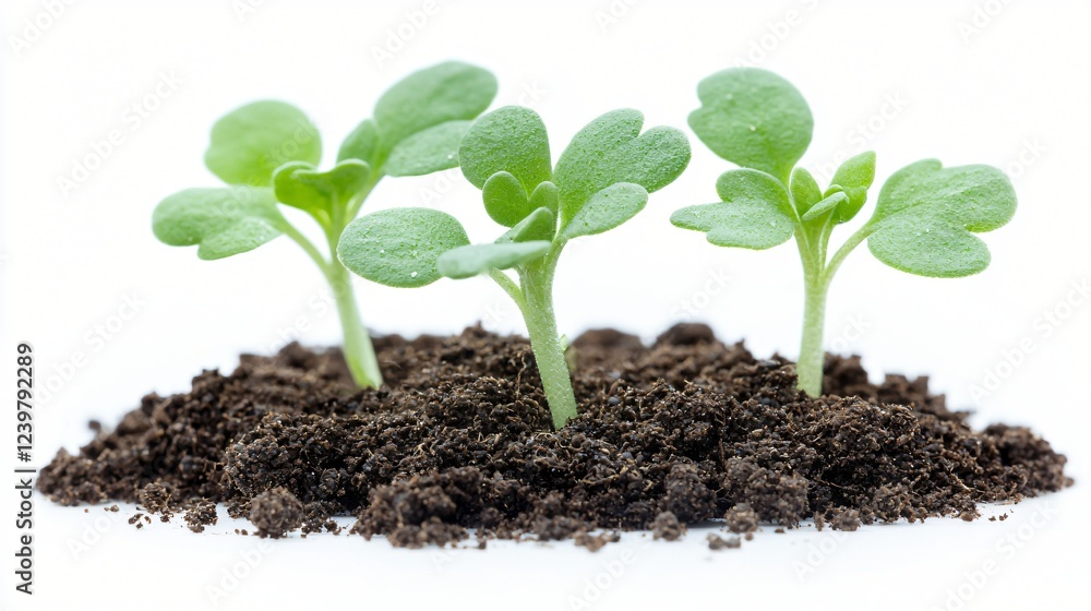 Seedlings sprouting in soil, growth, nature, white background, new life Seedlings sprouting in soil, growth, nature, white background, new life