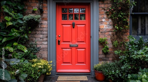 A red door with a white trim sits in front of a brick building