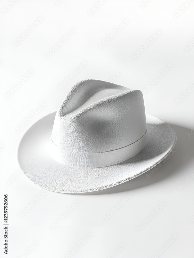 Classic Fedora: A pristine white fedora, crafted from fine felt with a timeless silhouette. The hat rests elegantly on a neutral background, showcasing its smooth curves and sophisticated design. Classic Fedora: A pristine white fedora, crafted from fine felt with a timeless silhouette. The hat rests elegantly on a neutral background, showcasing its smooth curves and sophisticated design.