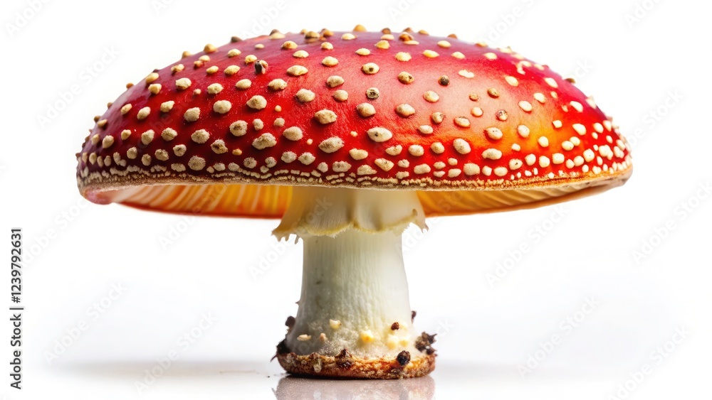Isolated fly agaric mushroom. Striking red cap, white background. Nature photography at its finest. Isolated fly agaric mushroom. Striking red cap, white background. Nature photography at its finest.