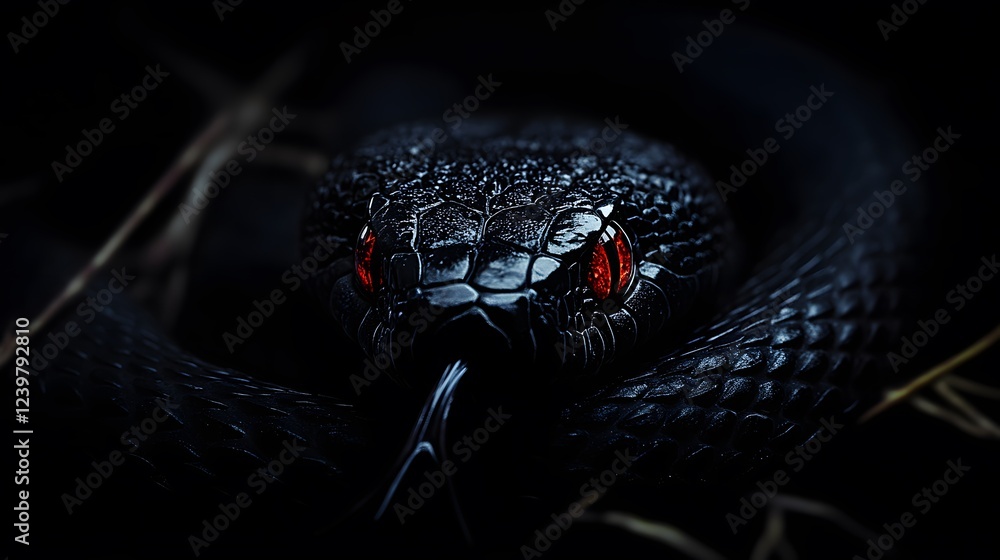 Obraz premium Black Snake with Red Eyes, on Black Background, Abstract Image, Texture, Pattern Background, Wallpaper, Cover and Screen of Smartphone, PC, Laptop, 9:16 and 16:9 Format