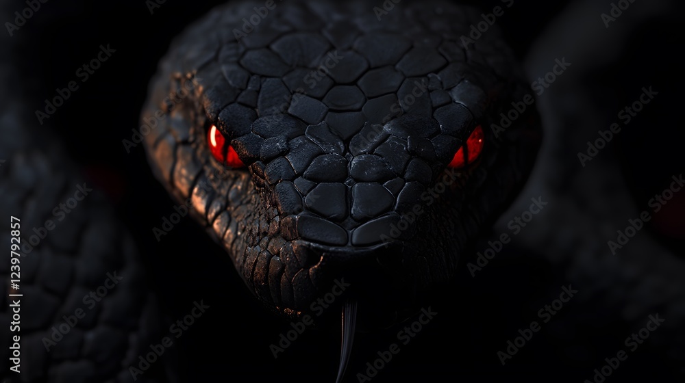 Fototapeta premium Black Snake with Red Eyes, on Black Background, Abstract Image, Texture, Pattern Background, Wallpaper, Cover and Screen of Smartphone, PC, Laptop, 9:16 and 16:9 Format