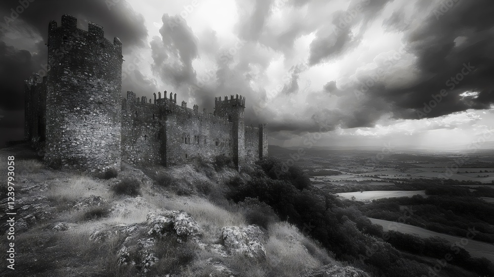 A castle is shown in the distance with a cloudy sky above it A castle is shown in the distance with a cloudy sky above it