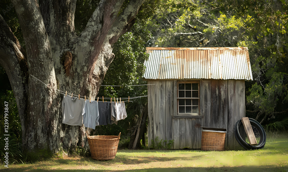 Fototapeta premium Nostalgic Wooden Laundry Shed with a Tin Roof, Offering a Rustic and Functional Design