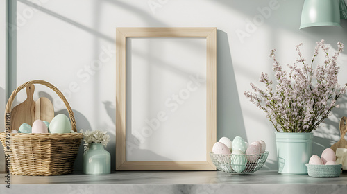Easter Mockup: A styled stock photo featuring a blank vertical wooden frame, pastel Easter eggs in wicker baskets and a metal wire stand, alongside delicate spring blossoms in a mint green vase.
