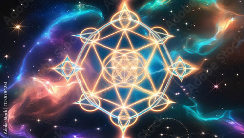 A luminous, intricate glowing sacred geometry composition featuring the Flower of Life, Metatron's Cube, and Merkaba