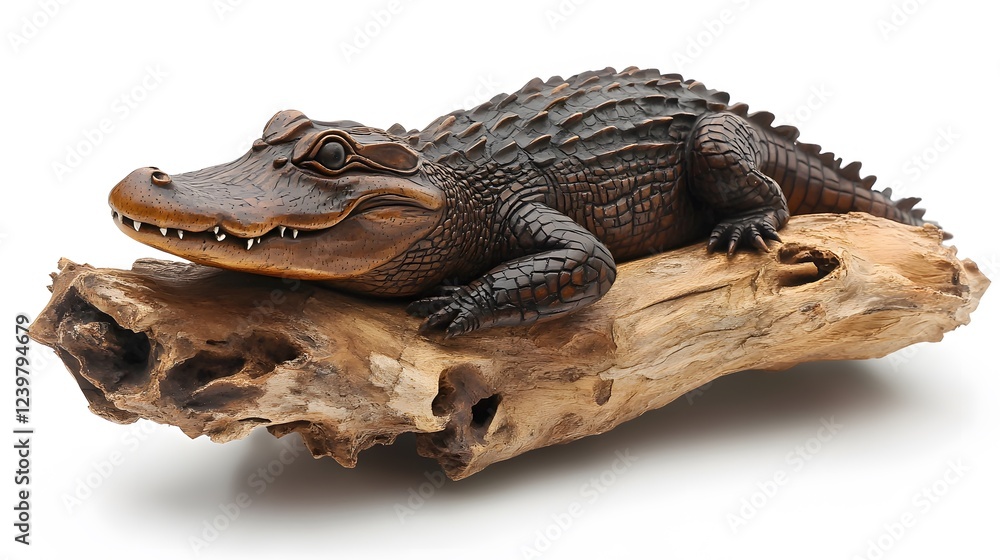 Obraz premium Alligator Sculpture Carved in Rustic Wood, on White Background, Abstract Image, Texture, Pattern Background, Wallpaper, Cover and Screen of Smartphone, PC, Laptop, 9:16 and 16:9 Format