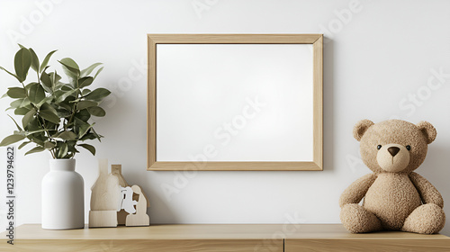 Wooden Frame Mockup with Teddy: A clean and simple mockup featuring a light wood frame against a minimalist backdrop, accompanied by a plush teddy bear and greenery.
