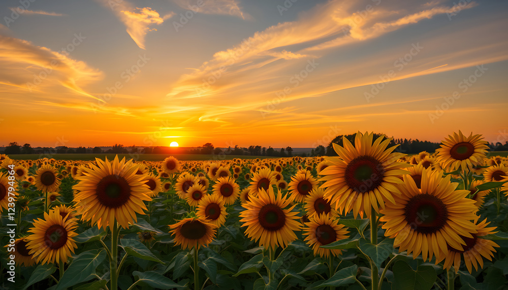 Obraz premium Beautiful sunset over sunflowers field, clipart style. isolated with white shades